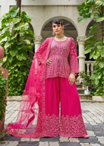 LFH SN DN 3107 Chinon With Beautiful Real Mirror Embroidery Work Sharara Suit Set Pink Color