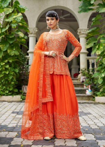 LFH SN DN 3107 Chinon With Beautiful Real Mirror Embroidery Work Sharara Suit Set Orange Color