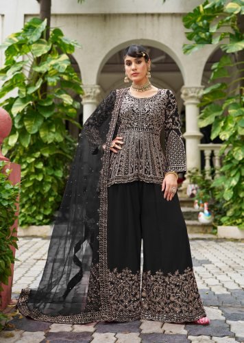 LFH SN DN 3107 Chinon With Beautiful Real Mirror Embroidery Work Sharara Suit Set Black Color