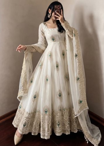 LFH SRK Exclusive Trending Designer Anarkali Gown Pent Dupatta Set Fendy Silk With Heavy Embroidery Work White Color DN 5372