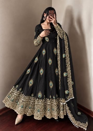 LFH SRK Exclusive Trending Designer Anarkali Gown Pent Dupatta Set Fendy Silk With Heavy Embroidery Work Black Color DN 5372