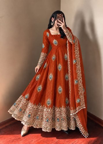 LFH SRK Exclusive Trending Designer Anarkali Gown Pent Dupatta Set Fendy Silk With Heavy Embroidery Work Orange Color DN 5372