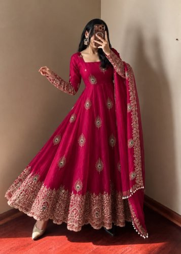 LFH SRK Exclusive Trending Designer Anarkali Gown Pent Dupatta Set Fendy Silk With Heavy Embroidery Work Rani Color DN 5372