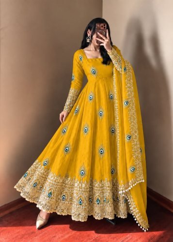 LFH SRK Exclusive Trending Designer Anarkali Gown Pent Dupatta Set Fendy Silk With Heavy Embroidery Work Mustered Yellow Color DN 5372