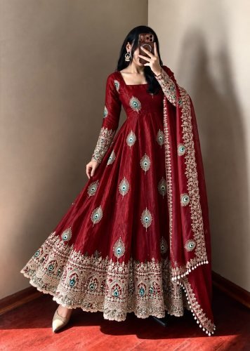 LFH SRK Exclusive Trending Designer Anarkali Gown Pent Dupatta Set Fendy Silk With Heavy Embroidery Work Maroon Color DN 5372