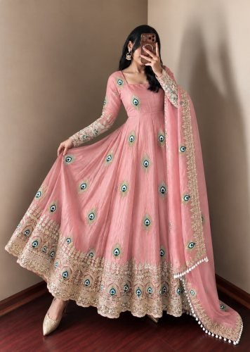 LFH SRK Exclusive Trending Designer Anarkali Gown Pent Dupatta Set Fendy Silk With Heavy Embroidery Work Pink Color DN 5372