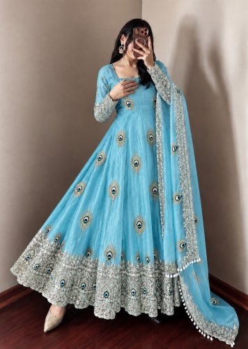 LFH SRK Exclusive Trending Designer Anarkali Gown Pent Dupatta Set Fendy Silk With Heavy Embroidery Work Sky Blue Color DN 5372