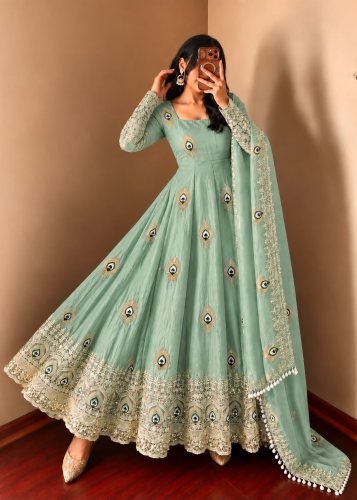 LFH SRK Exclusive Trending Designer Anarkali Gown Pent Dupatta Set Fendy Silk With Heavy Embroidery Work Sage Green Color DN 5372