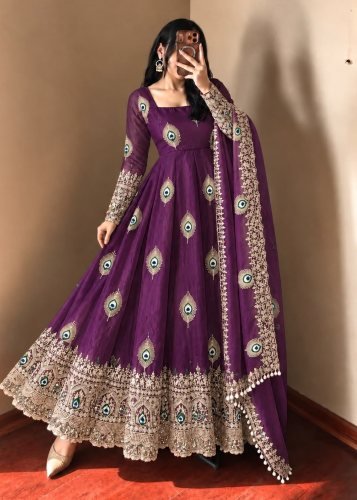 LFH SRK Exclusive Trending Designer Anarkali Gown Pent Dupatta Set Fendy Silk With Heavy Embroidery Work Purple Color DN 5372