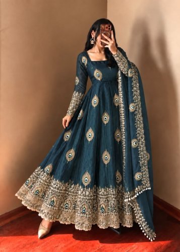 LFH SRK Exclusive Trending Designer Anarkali Gown Pent Dupatta Set Fendy Silk With Heavy Embroidery Work Teal Color DN 5372