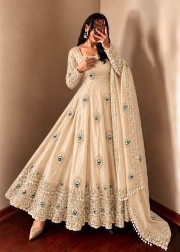 LFH SRK Exclusive Trending Designer Anarkali Gown Pent Dupatta Set Fendy Silk With Heavy Embroidery Work Beige Color DN 5372