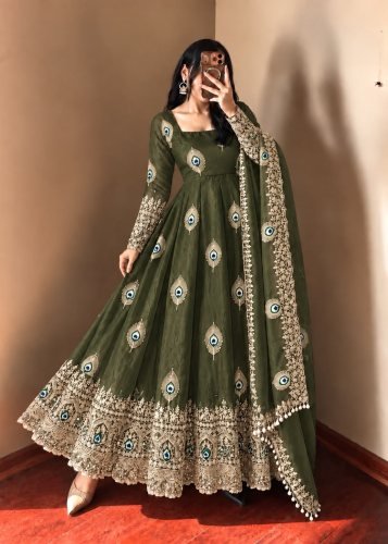 LFH SRK Exclusive Trending Designer Anarkali Gown Pent Dupatta Set Fendy Silk With Heavy Embroidery Work Olive Green Color DN 5372