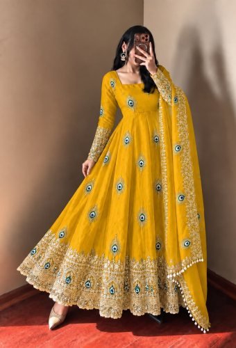 LFH SRK Exclusive Trending Designer Anarkali Gown Pent Dupatta Set Fendy Silk With Heavy Embroidery Work Mustered Yellow Color DN 5372