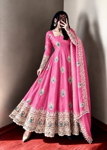 LFH SRK Exclusive Trending Designer Anarkali Gown Pent Dupatta Set Fendy Silk With Heavy Embroidery Work Vibrant Pink Color DN 5372