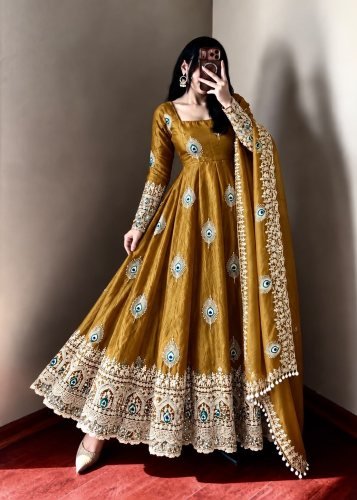 LFH SRK Exclusive Trending Designer Anarkali Gown Pent Dupatta Set Fendy Silk With Heavy Embroidery Work Mustard Yellow Color DN 5372