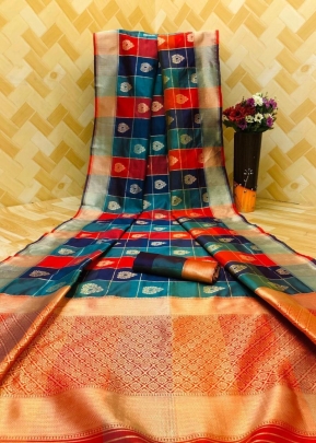 LFH Stella Lichi Silk Classic Brown Color Saree 5 Red And Blue