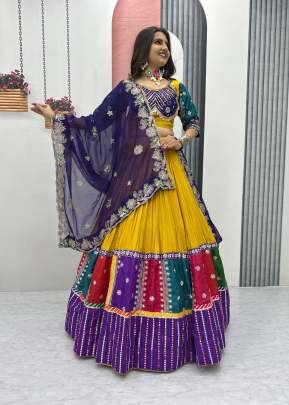  Pure Cotton Embroidery And Sequence Work With Lumpi Lace Border Navratri Lehenga Choli Yellow Color DN 254