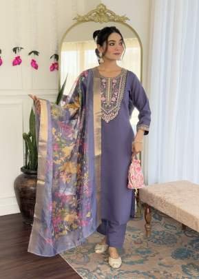 Latest Collection Anaya Pure Viscose Chanderi With Sequence Coding And Embroidery Work 3 Pieces Kurtis Set Purple Color 