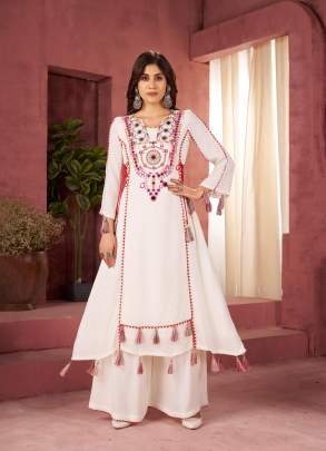 Latest Navratri Collection Rayon Thread And Real Mirror With Tassels And Fancy Lace Cord-Set White Color DN 39