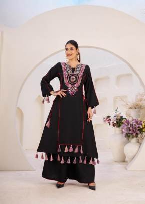 Latest Navratri Collection Rayon Thread And Real Mirror With Tassels And Fancy Lace Cord-Set Black Color DN 39