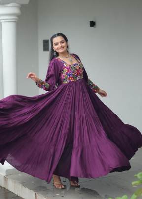 Latest Navratri Festival Gown  Reyon And Kutchi With Gamthi Work Anarkali Gown Wine Color DN 9255