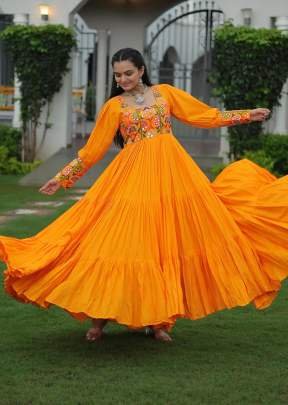 Latest Navratri Festival Gown  Reyon And Kutchi With Gamthi Work Anarkali Gown Yellow Color DN 9255