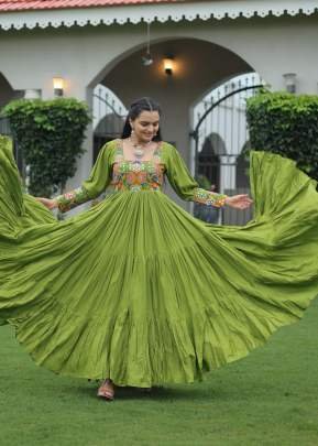 Latest Navratri Festival Gown  Reyon And Kutchi With Gamthi Work Anarkali Gown Parrot Color DN 9255