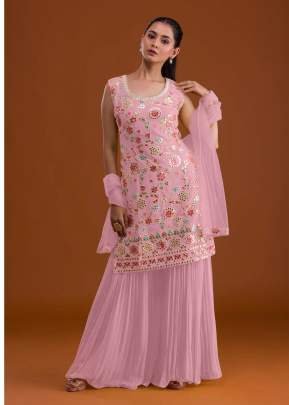 Latest Wedding Collection Faux Georgette With Heavy Embroidered And Multi Thread Work Sharara Suit baby Pink Color DN 1004