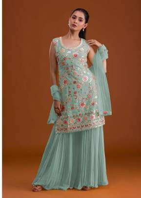 Latest Wedding Collection Faux Georgette With Heavy Embroidered And Multi Thread Work Sharara Suit Sky Blue Color DN 1004