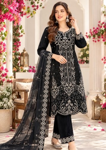 Latest Winter Collection 9000 Velvet with Heavy Embroidered Sequence And Cording Thread Work Velvet Dress Black Color DN 736 