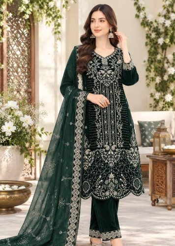 Latest Winter Collection 9000 Velvet with Heavy Embroidered Sequence And Cording Thread Work Velvet Dress Dark Green Color DN 736 