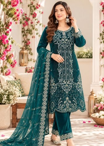 Latest Winter Collection 9000 Velvet with Heavy Embroidered Sequence And Cording Thread Work Velvet Dress Teal Blue Color DN 736 