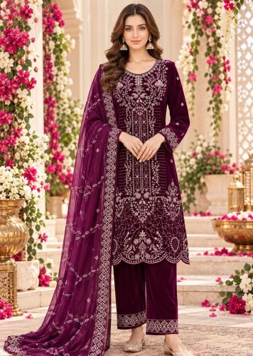 Latest Winter Collection 9000 Velvet with Heavy Embroidered Sequence And Cording Thread Work Velvet Dress Dark  Purple Color DN 736 