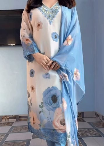  Laxmi Designer Premium Chiffon Elegant Traditionally Hand Work Neck Top pent And Dupatta Cream And Blue Color