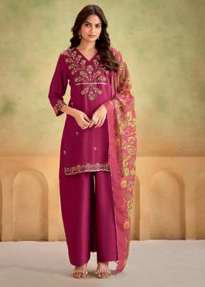 Lfh AN Combo Pure Heavy Gaji Silk Khatli Work With Handwork 3 Piece Kurti Set Aurora Magenta Color DN 1001