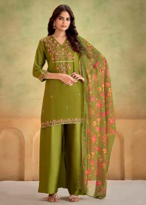 Lfh AN Combo Pure Heavy Gaji Silk Khatli Work With Handwork 3 Piece Kurti Set Mehndi Color DN 1002