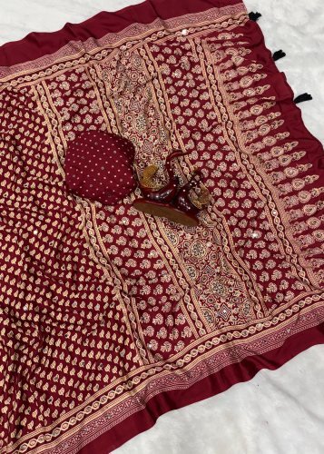 Lfh DN 5579 Soft Crepe Silk Beautiful Ajarakh Print With Real Mirror Work Designer Saree Maroon Color