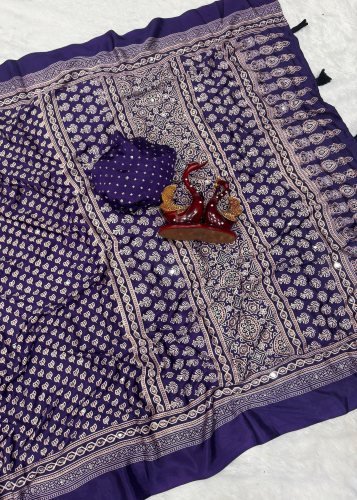 Lfh DN 5579 Soft Crepe Silk Beautiful Ajarakh Print With Real Mirror Work Designer Saree Violet Color