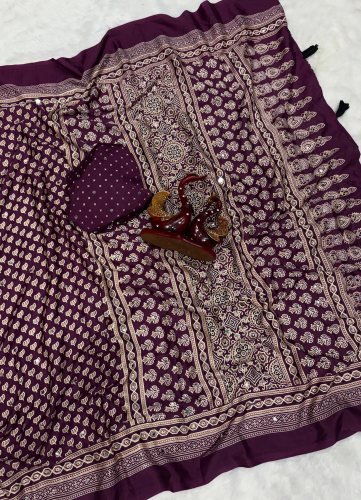 Lfh DN 5579 Soft Crepe Silk Beautiful Ajarakh Print With Real Mirror Work Designer Saree Wine Color