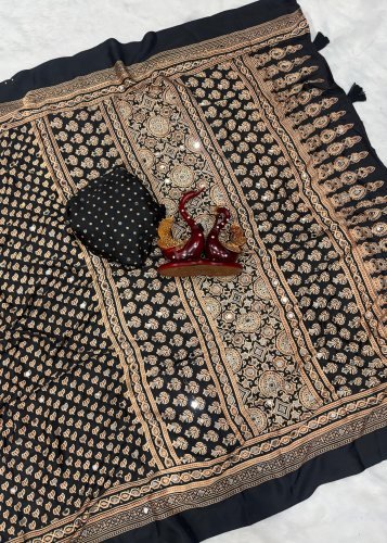 Lfh DN 5579 Soft Crepe Silk Beautiful Ajarakh Print With Real Mirror Work Designer Saree Black Color