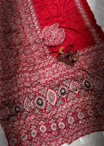 Lfh DN 5585 Soft Crepe Silk Beautiful Ajarakh Print With Real Mirror Work Designer Saree Red Color