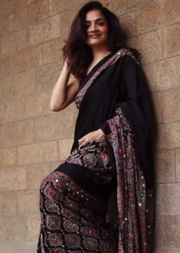 Lfh DN 5585 Soft Crepe Silk Beautiful Ajarakh Print With Real Mirror Work Designer Saree Black Color