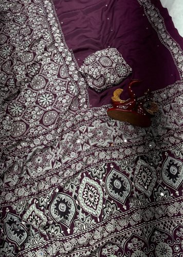 Lfh DN 5585 Soft Crepe Silk Beautiful Ajarakh Print With Real Mirror Work Designer Saree Wine Color