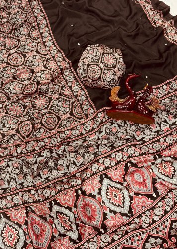Lfh DN 5585 Soft Crepe Silk Beautiful Ajarakh Print With Real Mirror Work Designer Saree Brown Color