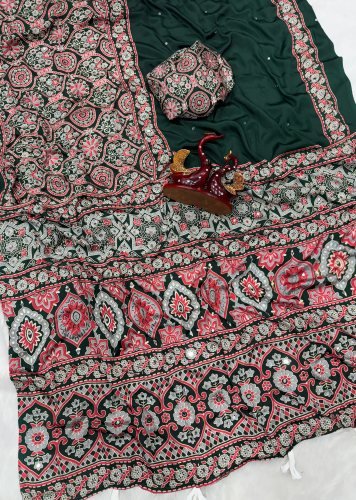 Lfh DN 5585 Soft Crepe Silk Beautiful Ajarakh Print With Real Mirror Work Designer Saree Bottle Green Color