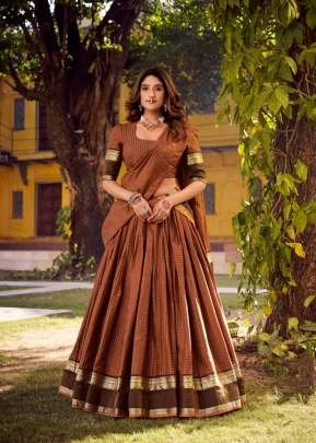 Lfh Lnb Traditional Chettinad Cotton Lehenga Choli with Chex Pattern And Zari Weaving Designer Lehenga Choli Rust Brown Color DN 1900 