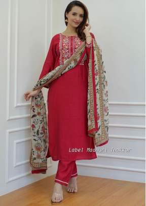 Lfh Madhuri Reyon Embroidery Work With Chanderi Print Kurti With Bottom Dupatta Red Color