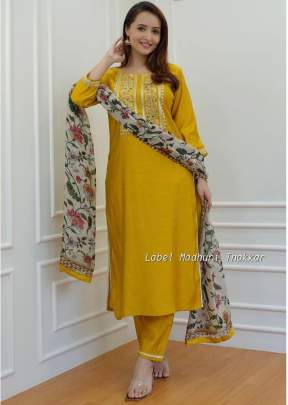 Lfh Madhuri Reyon Embroidery Work With Chanderi Print Kurti With Bottom Dupatta Yellow Color