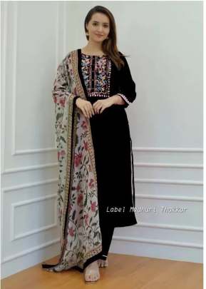 Lfh Madhuri Reyon Embroidery Work With Chanderi Print Kurti With Bottom Dupatta Black Color