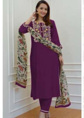 Lfh Madhuri Reyon Embroidery Work With Chanderi Print Kurti With Bottom Dupatta Wine Color